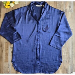 Vintage 90s Victoria's Secret Satin Sleep Shirt Top Nightgown Blue Embroidered M